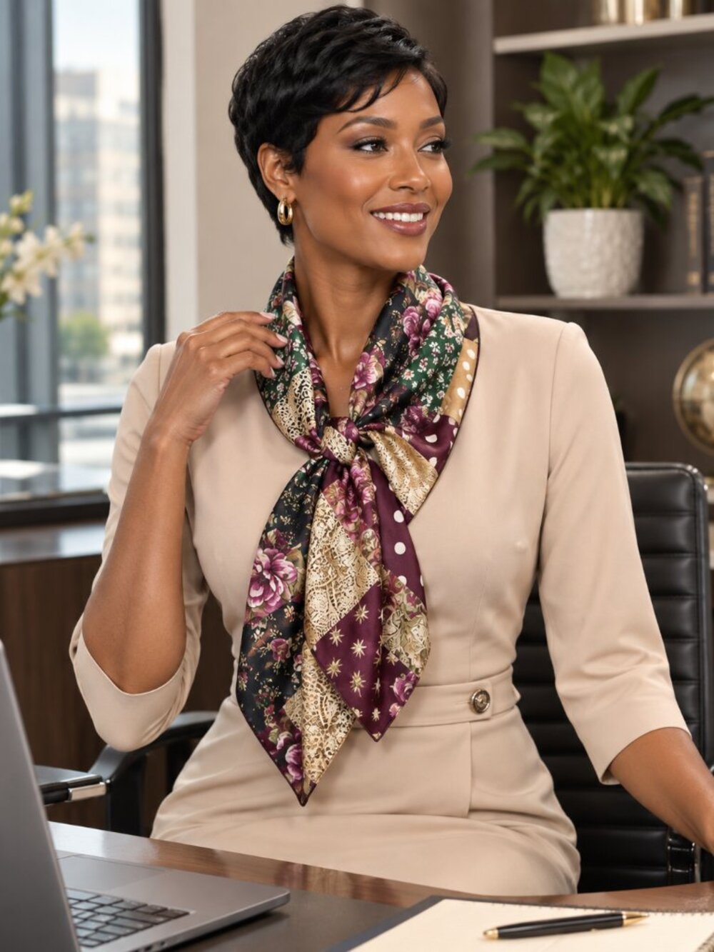 Silk Scarf with Floral and Polka Dot Patterns